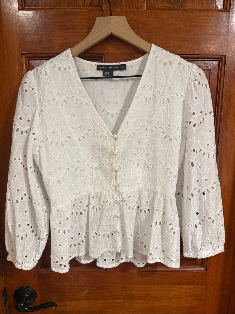 French Connection White Eyelet Peplum Blouse